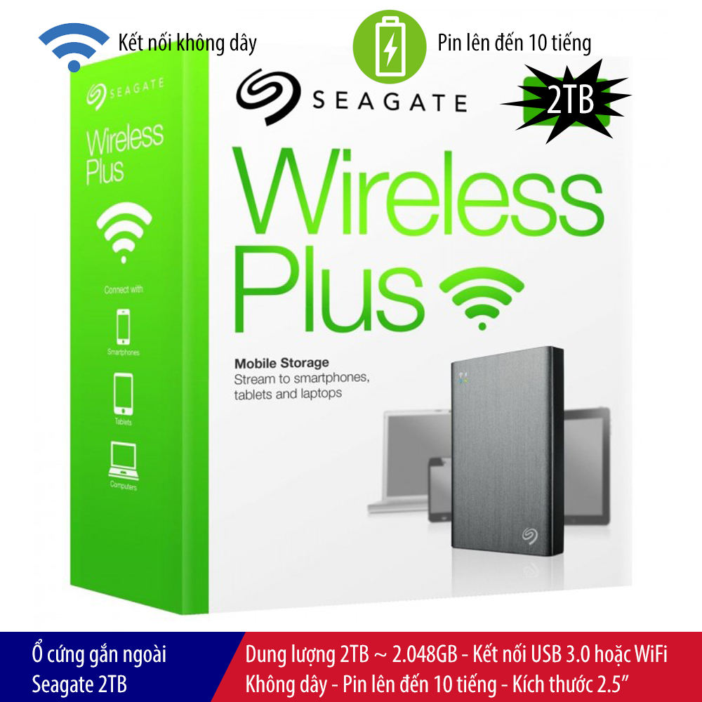 Ổ cứng gắn ngoài Seagate Wireless Plus 2TB, kết nối USB 3.0, kết nối WiFi, pin 10 giờ, kích thước 2.5″